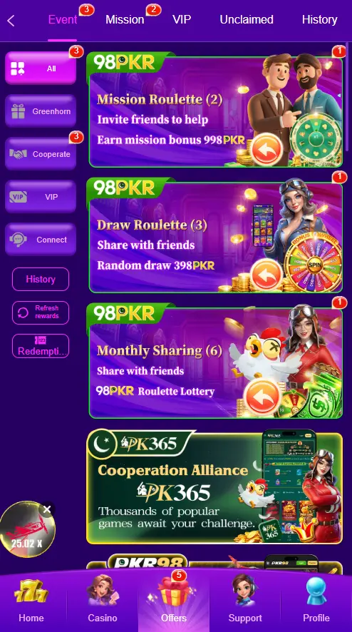 Bonus Offers in 98PKR Game