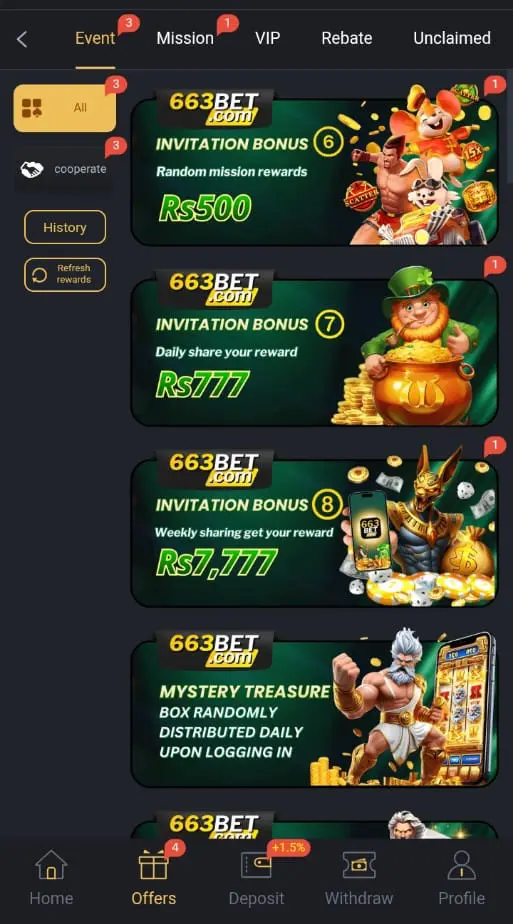 Different Bonuses in 663Bet game