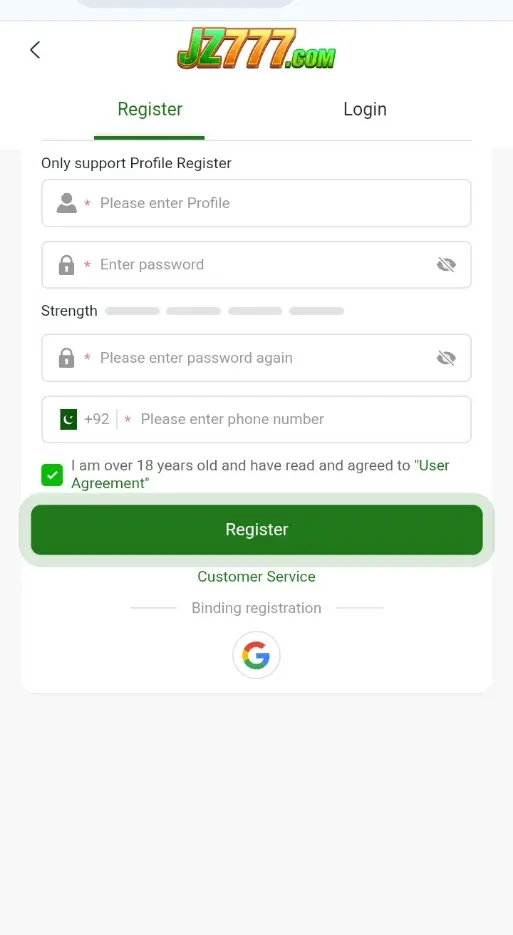 JZ777 Account Registration and Login Process